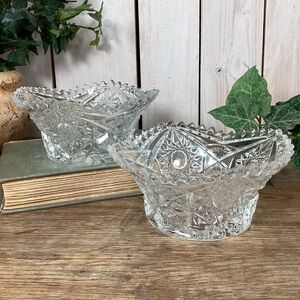 Pair Vintage LE Smith Pressed Glass Bowls Stars Sawtooth Edge Daisy Base…